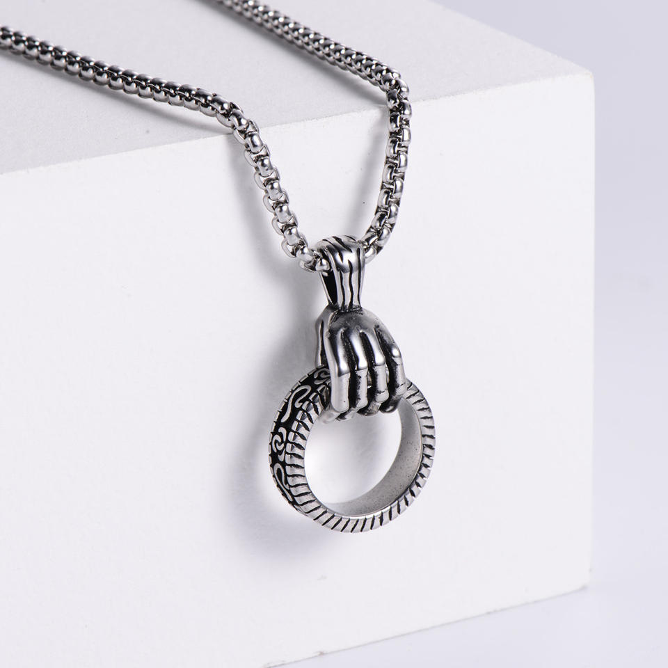 Men's Ring Hand Pendant Necklace Silver Golden Stainless Steel