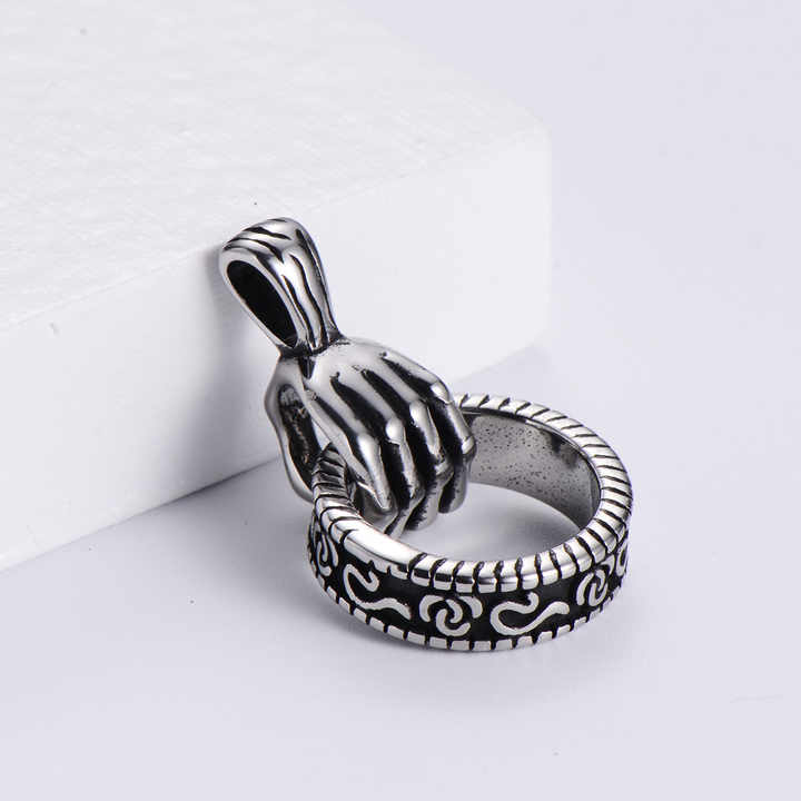 Men's Ring Hand Pendant Necklace Silver Golden Stainless Steel