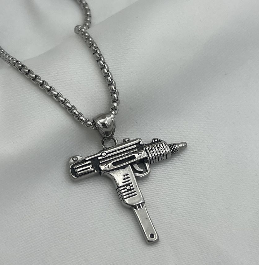 Silver Plated Gun Pendant Necklace for Men